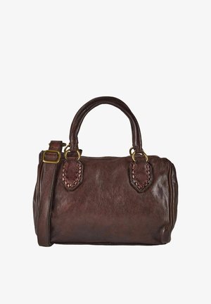 Borsa a mano in pelle marrone scuro con due manici arrotondati, inserti decorativi intrecciati e tracolla regolabile con fibbia in ottone.