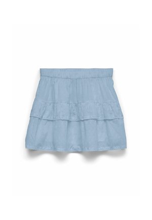 Mini-jupe à volants bleu clair avec une taille élastique et une texture subtilement à pois, présentée sur fond blanc.