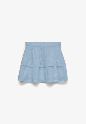 Minifalda de capas azul claro con cintura elástica y textura sutil de puntos, mostrada sobre un fondo blanco.