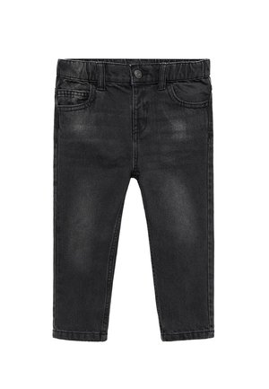 Jean en denim noir avec une coupe slim, présentant un style à cinq poches, une fermeture à bouton et un léger effet délavé. Texture lisse avec des accents cousus.