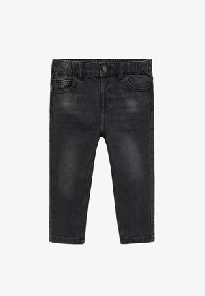 Jeans din denim negru cu o croială slim, având un stil cu cinci buzunare, închidere cu buton și estompare subtilă. Textură netedă cu accente cusute.