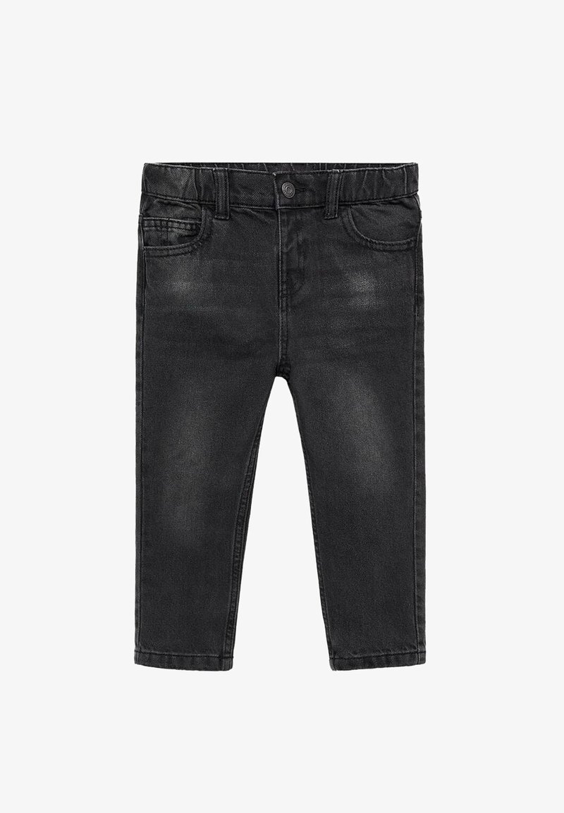 Jeans din denim negru cu o croială slim, având un stil cu cinci buzunare, închidere cu buton și estompare subtilă. Textură netedă cu accente cusute.