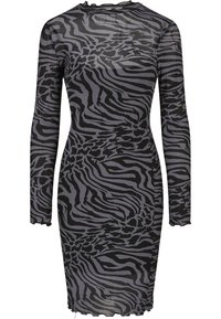 Robe ajustée à manches longues avec motif zèbre noir et gris et tissu légèrement transparent.
