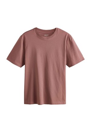 Kurzärmliges T-Shirt mit Rundhalsausschnitt in staubigem Rose, aus weicher Baumwolle gefertigt, mit glatter Textur und einem lockeren Schnitt, ohne Grafiken.