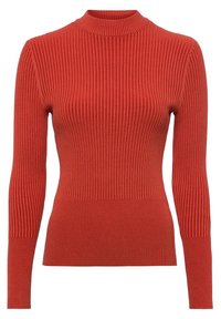 Pull en tricot à manches longues de couleur rouge orangé, avec un col montant et une silhouette ajustée, fabriqué en tissu doux et texturé.