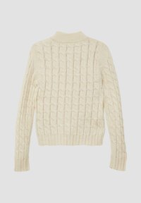 Cremfarbener Pullover mit Zopfmuster, hohem Kragen und gerippten Bündchen sowie Saum. Verfügt über ein strukturiertes Muster im gesamten Stoff.