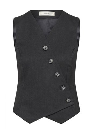 Mörkgrå ärmlös damväst med asymmetrisk knappstängning fram och spetsig nederkant.