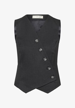 Dunkelgraue ärmellose Damenweste mit asymmetrischem Knopfverschluss und spitzem Saum.
