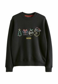 Sudadera negra de cuello redondo, con coloridos gráficos navideños bordados: un árbol, un regalo, un adorno, un pastel y Pac-Man con un gorro de Santa.