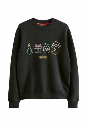 Černá mikina s kulatým výstřihem, která je zdobena barevnými vyšívanými vánočními grafikami: strom, dárek, ozdoba, dort a Pac-Man v čepici Santa.