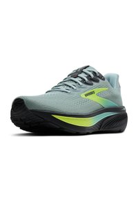 Svetlo modrá a čierna bežecká obuv Brooks s limetkovými akcentmi a šnurovaním, zjednodušený pohľad na bielom pozadí.