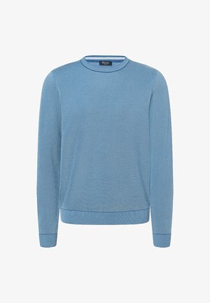 Hellblaues Rundhals-Pullover aus strukturiertem Strick. Verfügt über lange Ärmel sowie gerippte Bündchen und Saum. Hergestellt aus weichem, atmungsaktivem Stoff.