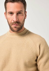Beiger Strickpullover aus strukturiertem Garn, mit rundem Ausschnitt und Raglanärmeln. Die Oberfläche zeigt ein dezentes Muster mit gerippten Akzenten.