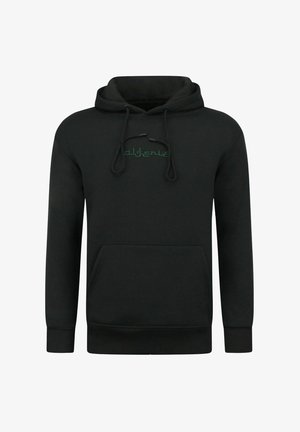 Zwarte hoodie gemaakt van een katoenmix. Voorzien van trekkoord, kangoeroezak en groene letters op de borst. Zachte textuur, normale pasvorm.