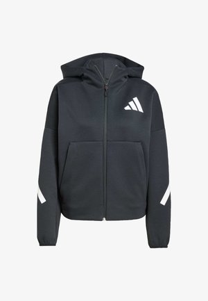 Black zip-up hoodie made of soft fabric, featuring a hood, two front pockets, and white diagonal stripes on the sleeves. Logo on the chest.