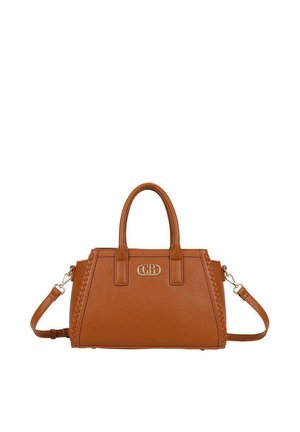 Sac à main en cuir marron avec doubles poignées, bandoulière détachable, coutures décoratives sur les côtés et un logo de marque métallique à l’avant.