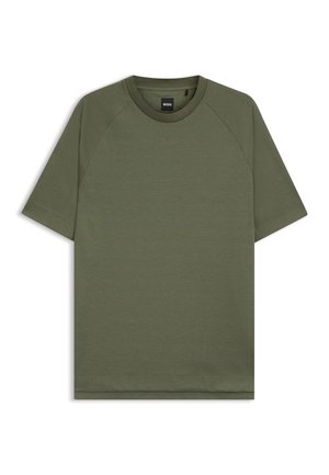 Plain olive green short-sleeve T-shirt with crew neck and raglan sleeves, featuring a small black "BOSS" label inside the collar.