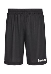 Pantaloni sportivi neri realizzati in tessuto leggero con vita elasticizzata. Presentano un logo "hummel" bianco sul lato sinistro inferiore.