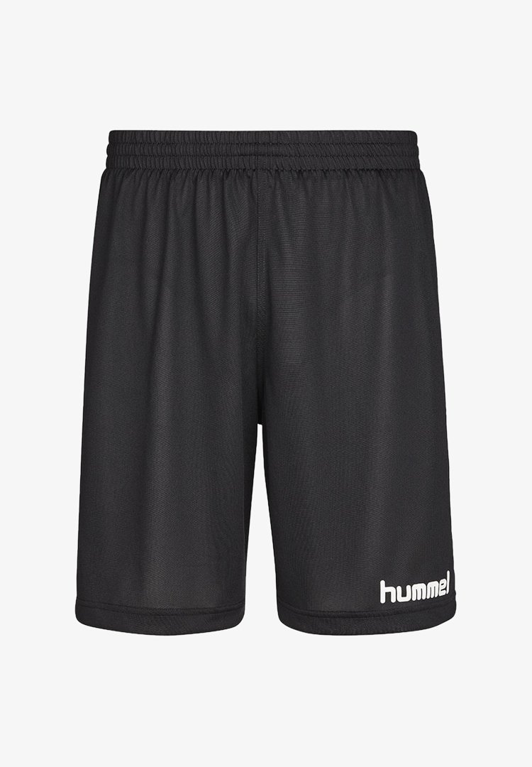 Czarne spodenki sportowe z lekkiego materiału z elastycznym paskiem w talii. Posiadają białe logo "hummel" na dolnym lewym boku.