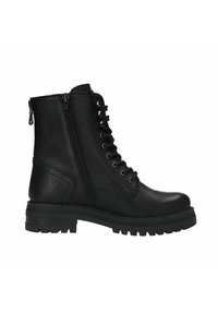 Bottines noires en cuir texturé, avec une fermeture éclair sur le côté, un laçage à l'avant et une semelle épaisse et robuste.