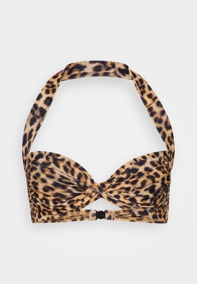 Bikini topp med leopardmønster, halterneck, polstrede kopper, og vridd frontdetalj. Har en lukking med spenn og en glatt tekstur.