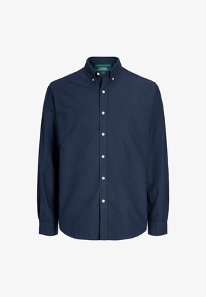 Navy blue button-up shirt made of cotton with a collared neckline, long sleeves, and white buttons along the front. Smooth texture.