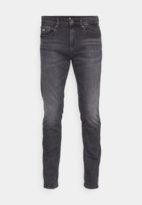 Mörkgrå denimjeans med slim fit, som har en femfickorsdesign, metallknappstängning och subtila tvättade detaljer över tyget.