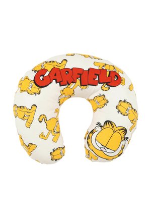 U-shaped white neck pillow with multiple Garfield cartoon images and large red text spelling "GARFIELD" across the top.