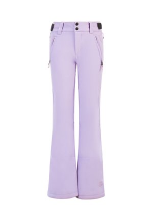 Lila Skihosen mit einem ausgestellten Design, aus leichtem Stoff. Die Features umfassen Reißverschlusstaschen und einen Knopfverschluss am Bund.
