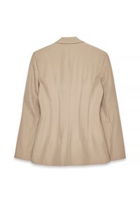 Beige bleiseri, joka on räätälöity ja jossa on sileä pinta, varustettuna lovellisella kauluksella, rakenteellisella siluetilla ja pystysaumadoriasetuksilla takana.