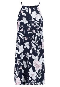 Mörkblå blommig klänning med hög krage, prydd med vita och rosa blommönster, en nyckelhålsdetalj samt en flödande silhuett.