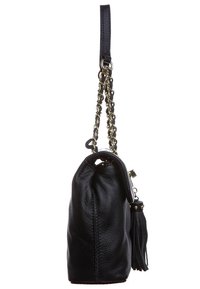Black leather handbag with a textured surface, zip closure, chain strap, and a tassel detail. Compact, rounded shape with side stitching.