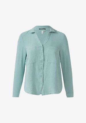 Helle türkisfarbene Langarm-Button-Up-Bluse, mit V-Ausschnitt, zwei Brusttaschen und einem strukturierten Stoff mit subtiler Kräuselung.