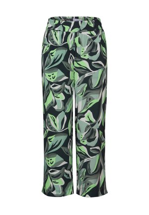 Pantalons à imprimé floral présentant des nuances de vert et de noir, fabriqués en tissu léger avec une taille élastique et des jambes larges.