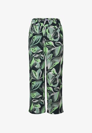 Spodnie w kwiatowy wzór w odcieniach zieleni i czerni, wykonane z lekkiego materiału, z elastycznym pasem i szerokimi nogawkami.