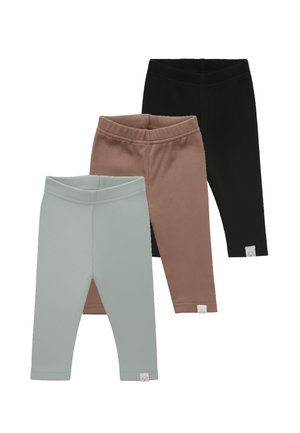 Drei Baby-Leggings aus geripptem Strick in Schwarz, Braun und Hellgrau, jeweils mit einem kleinen weißen Etikett nahe dem Knöchel vor weißem Hintergrund.