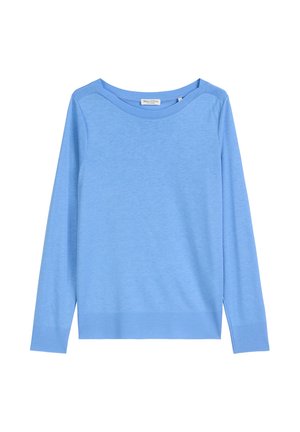 Pull long en bleu clair fabriqué à partir d'un tissu doux, avec un col rond et des bords côtelés pour un ajustement confortable.