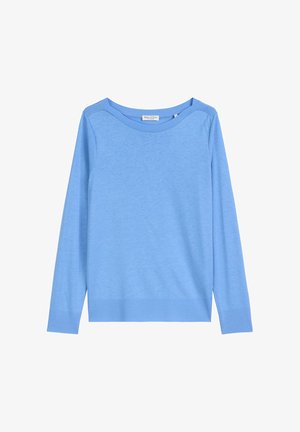 Lichtblauw lange mouw trui van zachte stof, met een ronde halslijn en ribgebreide manchetten en zoom voor een comfortabele pasvorm.