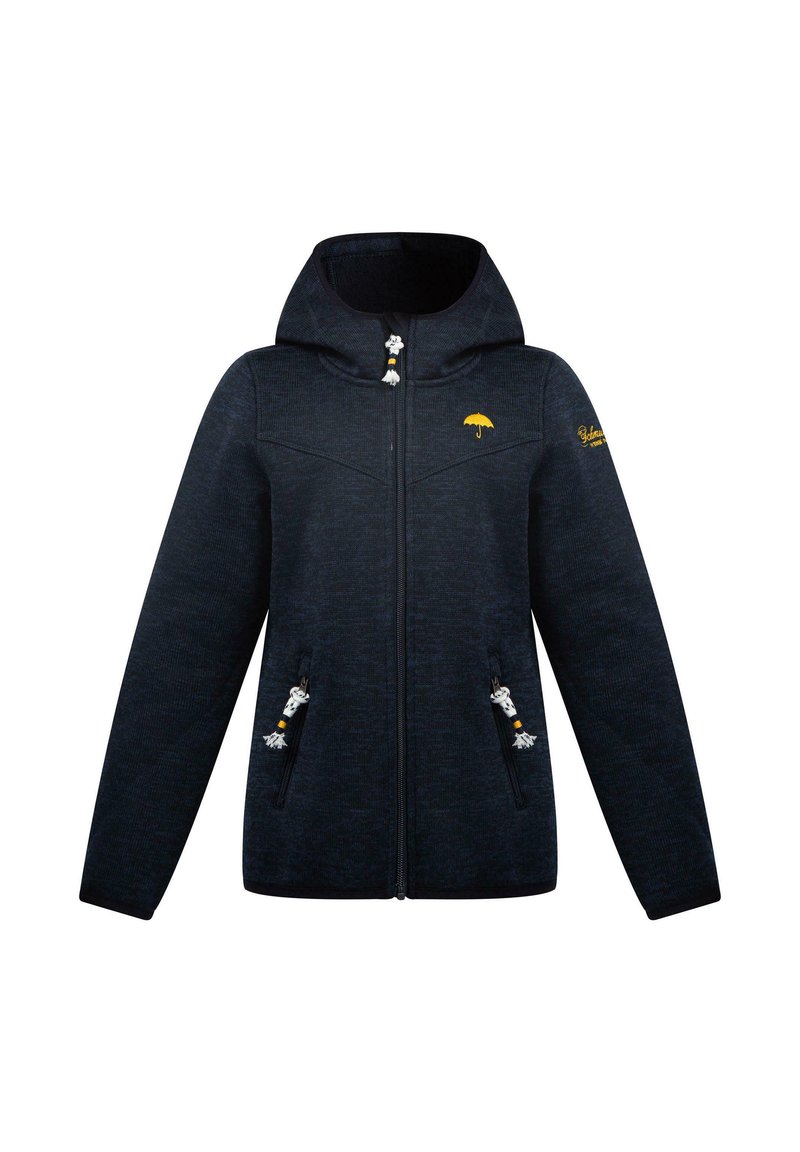 Mörkblå zip-hoodie med en texturerad tyg. Har en huva, broderad gul paraplylogotyp och fickor med dragkedja med dekorativa fransar.