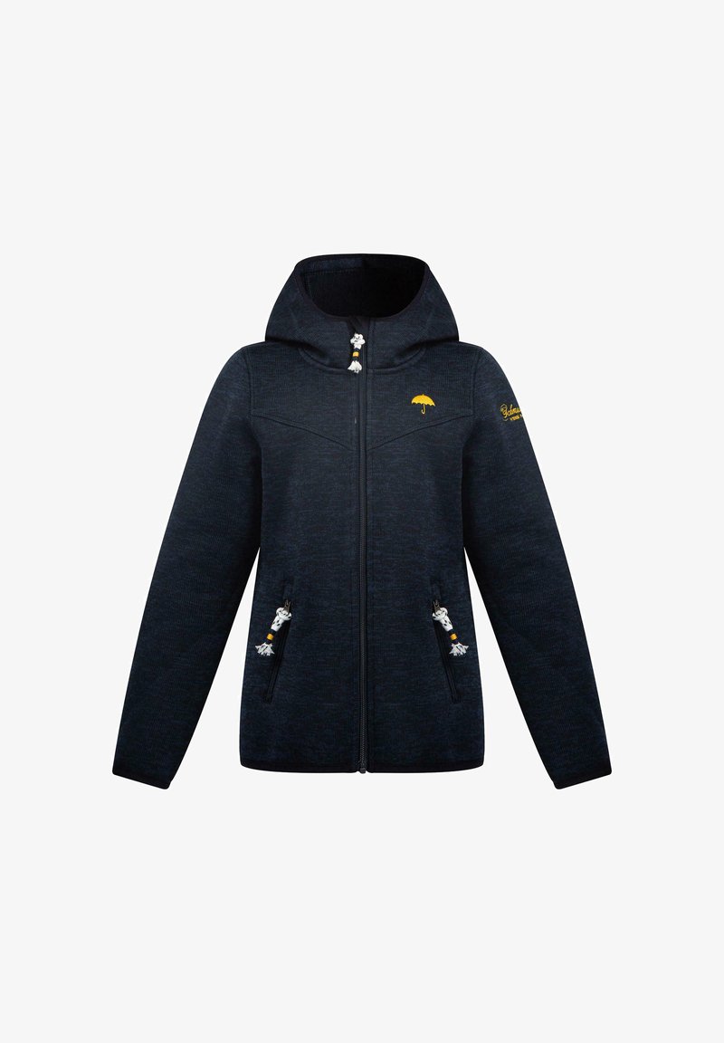 Tmavomodrá mikina na zips s textúrovanou tkaninou. Obsahuje kapucňu, vyšívané žlté logo dáždnika a zipsové vrecká s dekoratívnymi strapcami.