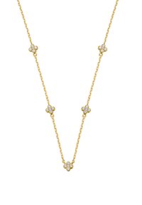 Goldene Kettenhalskette mit vier floralen Akzenten, die jeweils mit einem Cluster aus kleinen, klaren Edelsteinen verziert sind und einen zarten, schimmernden Effekt erzeugen.