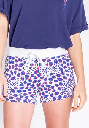 Witte shorts met een kleurrijk luipaardprintpatroon in paars, roze en blauw; voorzien van een witte trekkoordtailleband en een relaxte pasvorm.