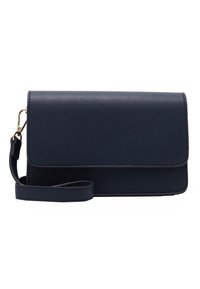 Borsa a tracolla in ecopelle blu navy con pattina pieghevole, tracolla rimovibile e accessori dorati. Texture liscia, design minimalista.
