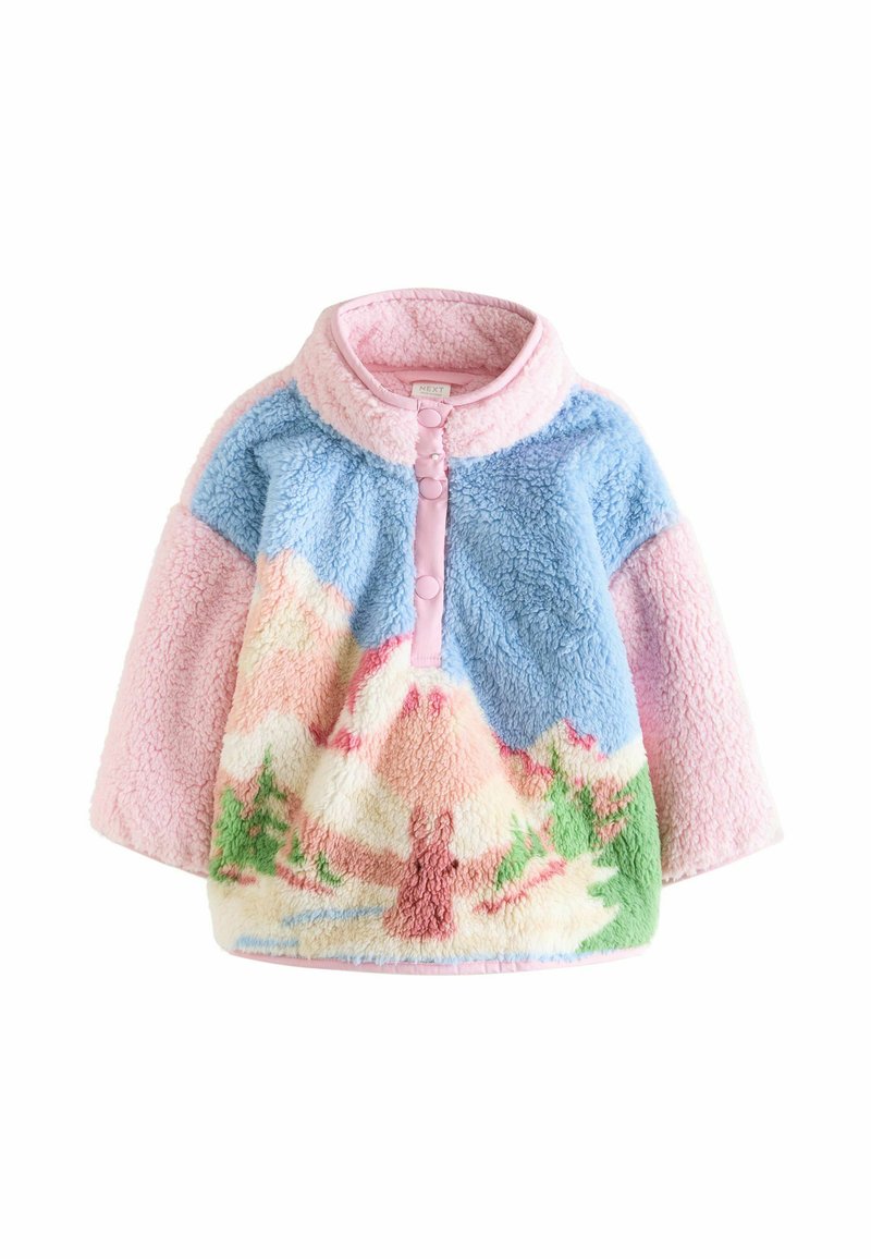 Pastellitoonides roosast, sinisest ja kreemist valmistatud fliisist pullover. Pehme tekstuur koos mägede ja puude mustriga; varustatud nööbiga kaelaosa.