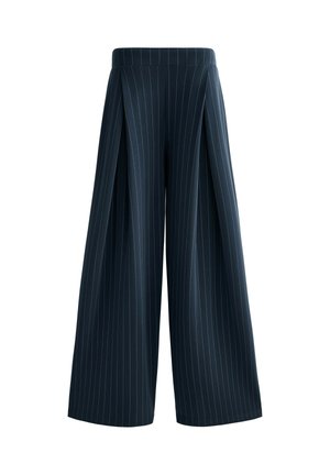 Pantaloni ampia a gamba larga di colore navy con righe verticali bianche, caratterizzati da un tessuto liscio, design plissettato e vita elasticizzata.