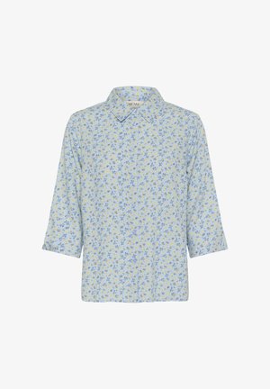 Jasnoniebieska koszula z długim rękawem w kwiatowy wzór w żółtym i niebieskim kolorze, z rękawami 3/4 i klasycznym kołnierzykiem.