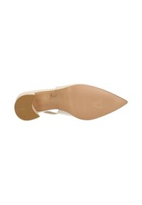 Scarpa décolleté a punta affilata con tomaia trasparente, soletta beige e suola liscia, leggermente texture, con dettaglio del logo.