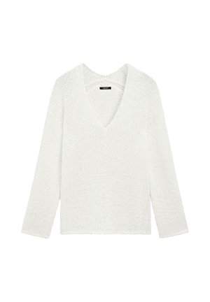 Maglione lungo a maniche lunghe bianco lavorato a maglia con una profonda scollatura a V e un motivo morbido e strutturato.