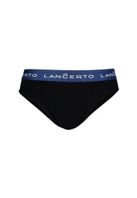 Czarny bawełniany slipki z granatowym elastycznym pasem w talii i białym logo "LANCERTO". Zaprojektowane w klasycznym kroju z gładką fakturą.