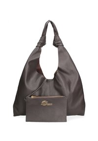Borsa morbida in pelle marrone scuro con manici annodati e pochette staccabile con zip, caratterizzata da un logo dorato e superficie testurizzata.